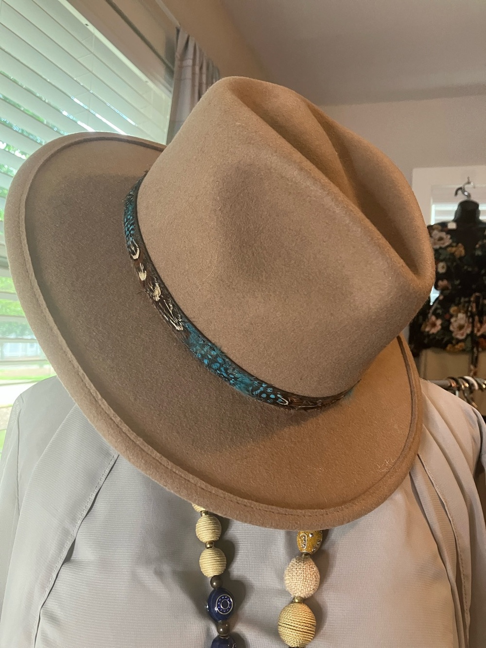 ADORA Tan Felt Fedora Hat with Turquoise-Accented Band